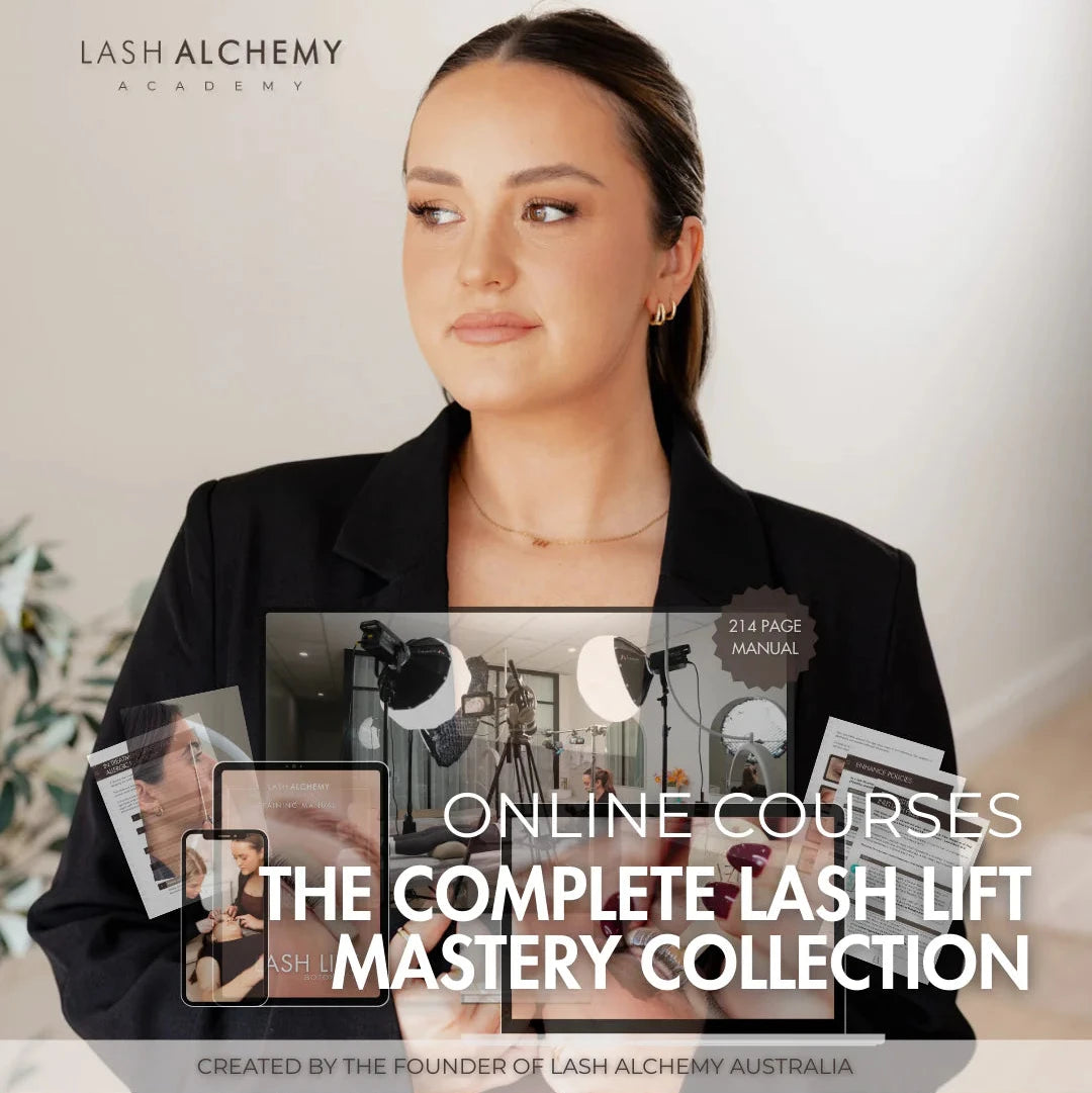 Woman holding a book titled 'The Complete Lash Lift Mastery Collection' with promotional text for Lash Alchemy Academy.