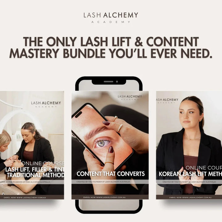 Advertisement for Lash Alchemy Academy's lash lift and content mastery bundle on a white background.